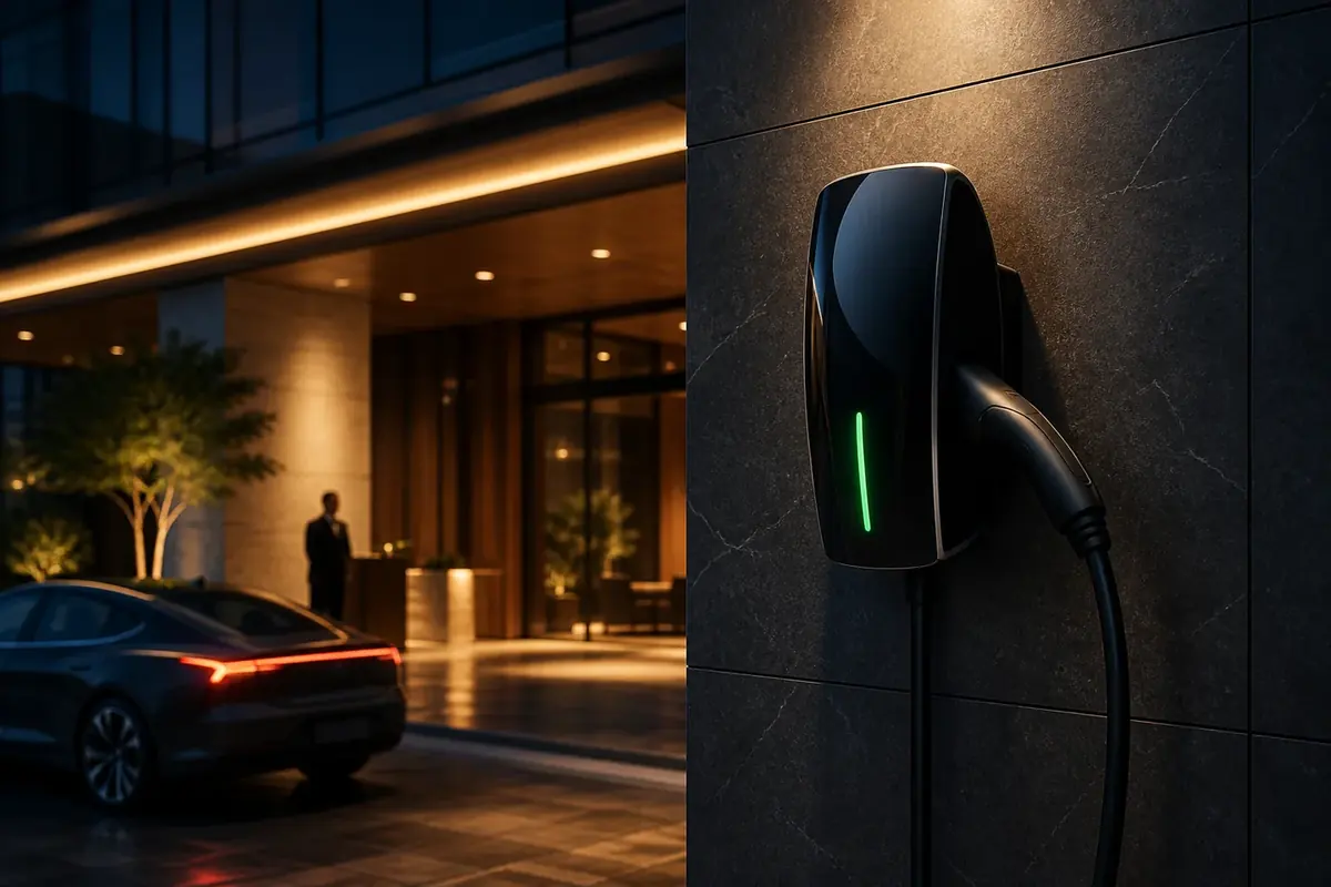 Carregador veicular BENY AC 7,5 kW instalado em um ponto de recarga premium